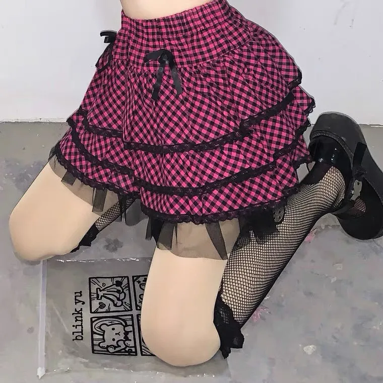 JAPANESE HOT GIRL PUNK PLAID LACE CAKE SKIRT BY90131