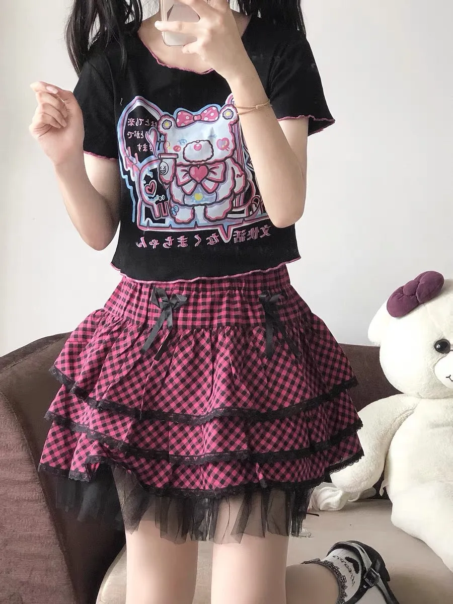 JAPANESE HOT GIRL PUNK PLAID LACE CAKE SKIRT BY90131