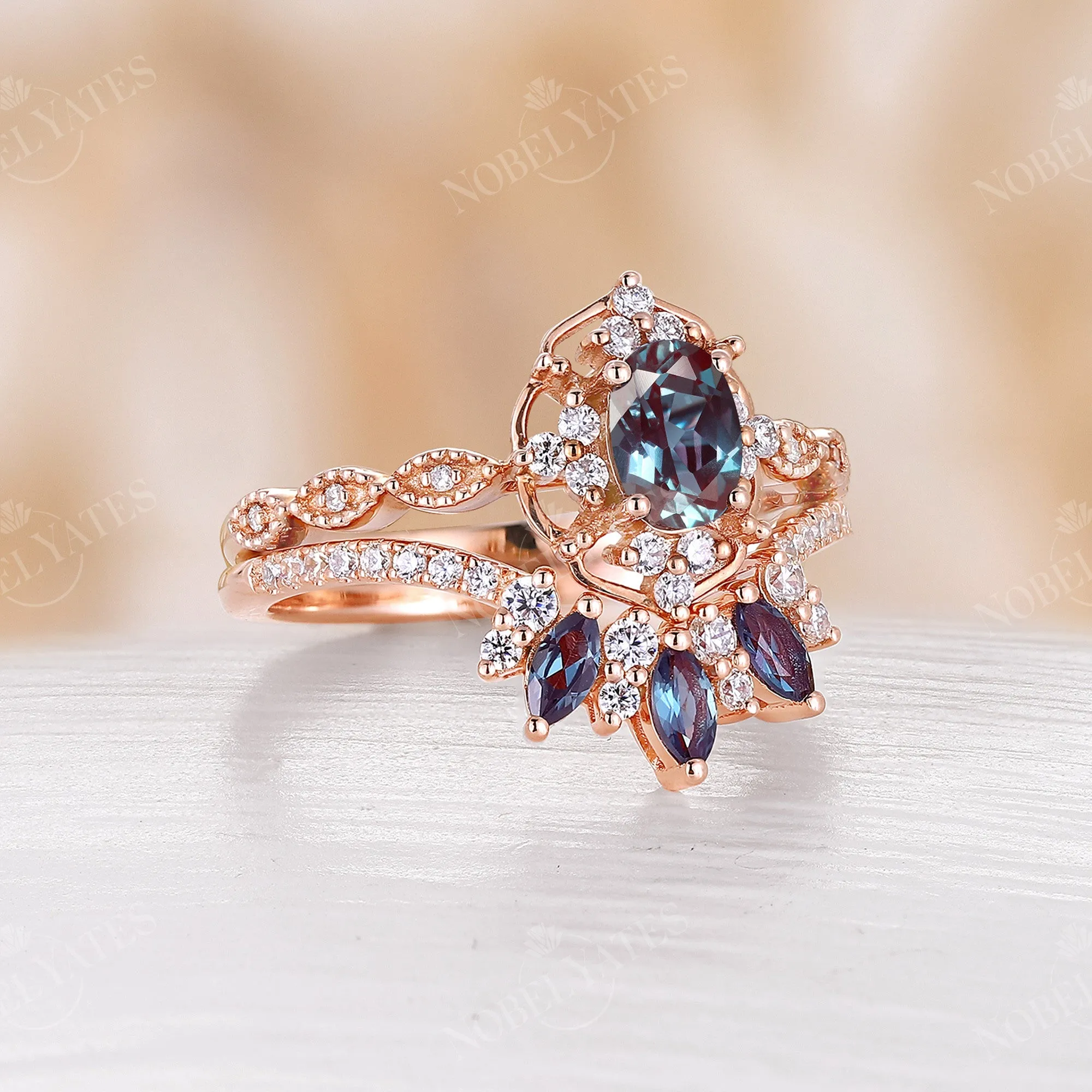 Lab Alexandrite Oval Engagement Ring Set Rose Gold Vintage Milgrain Ring