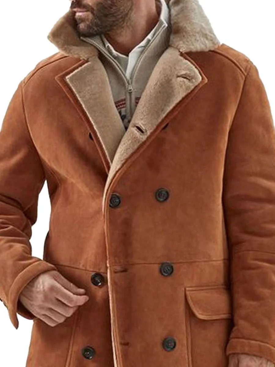 Lapel Double Pocket Suede And Fleece Warm Coat