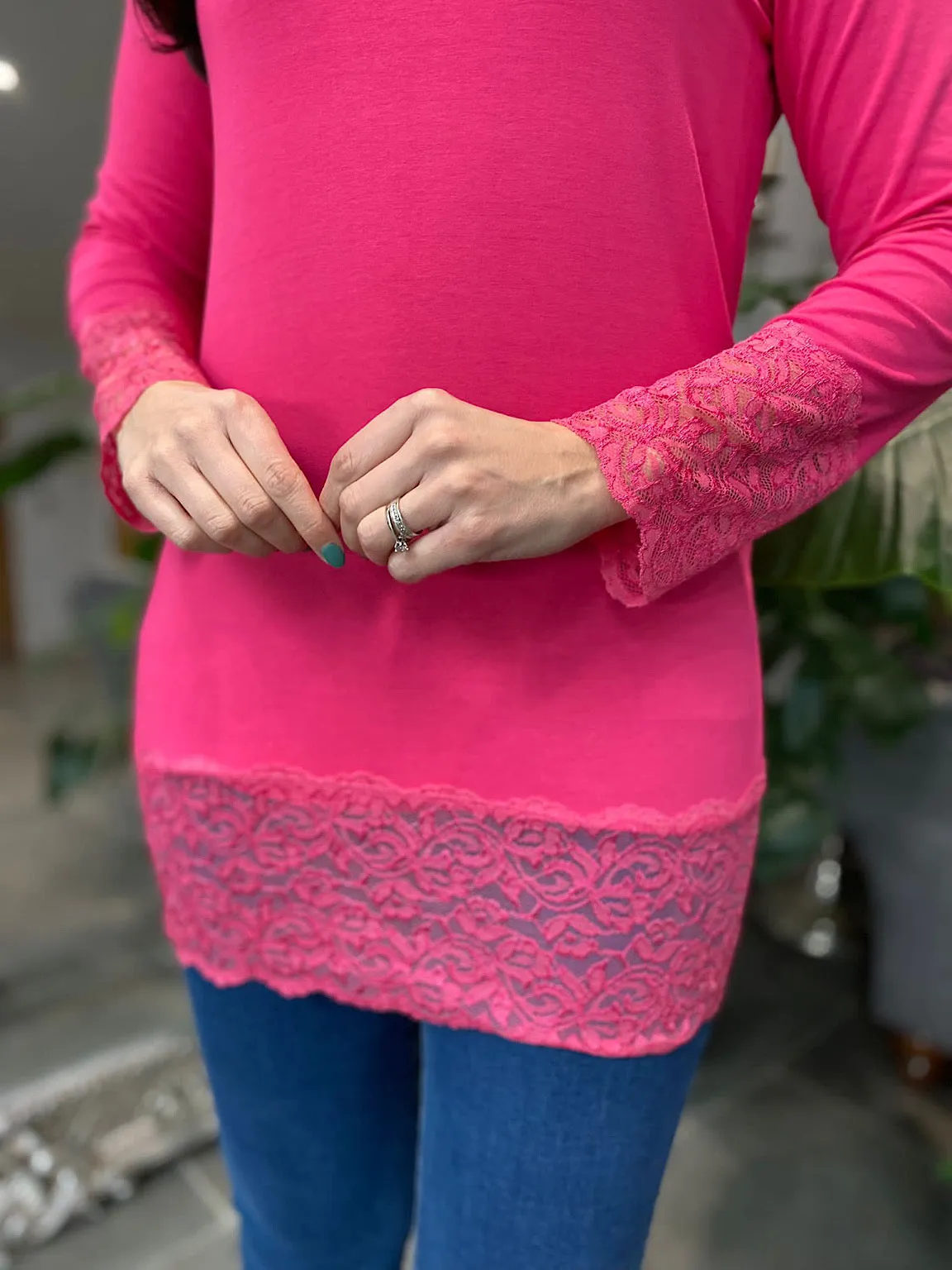 Lipstick Pink Lace Trim Long Sleeve Top Ruth