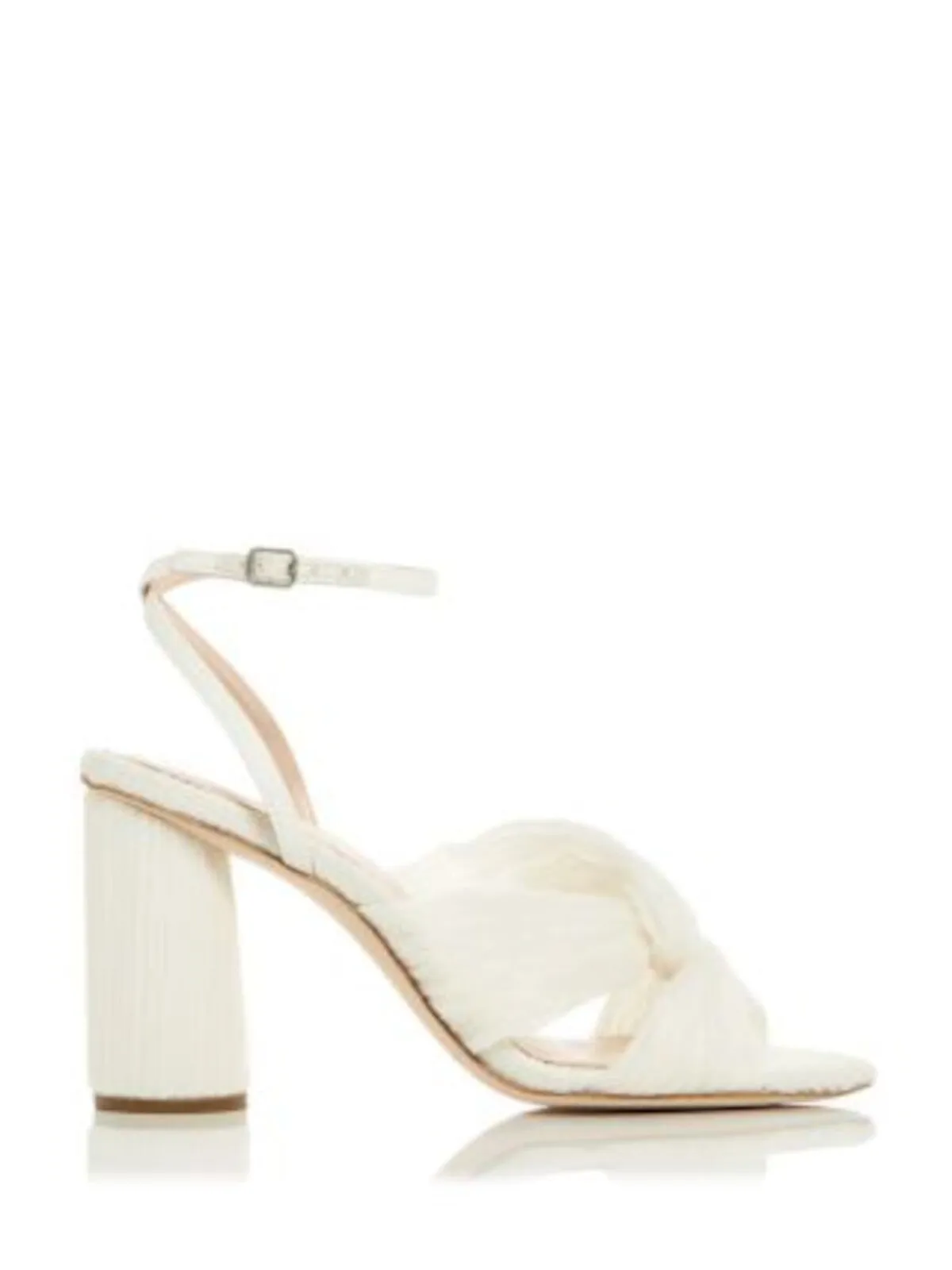 LOEFFLER RANDALL Womens Ivory Knotted Pleated Ankle Strap Padded Reed Round Toe Sculpted Heel Buckle Heeled