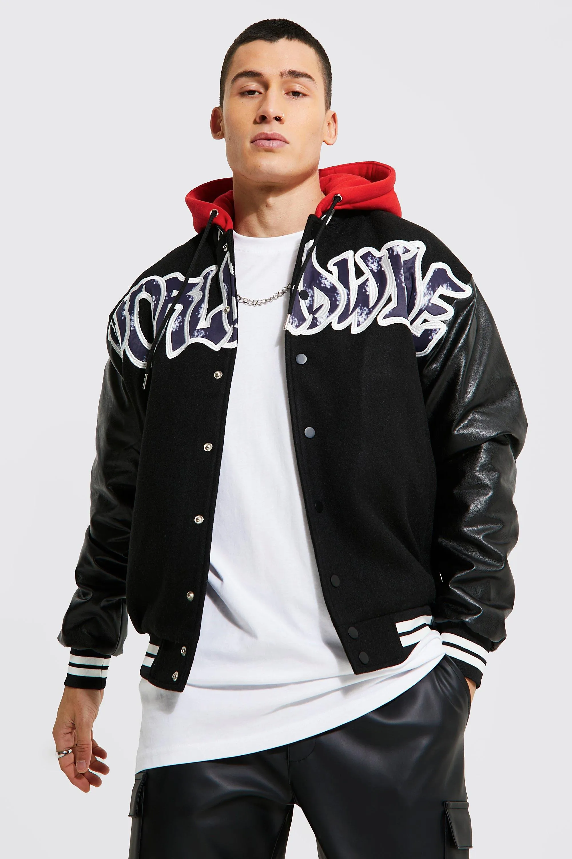 Melton Worldwide Jersey Hood Varsity Jacket