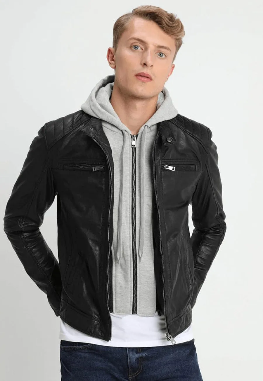 Men's Black Leather Biker Jacket with Removable Hood