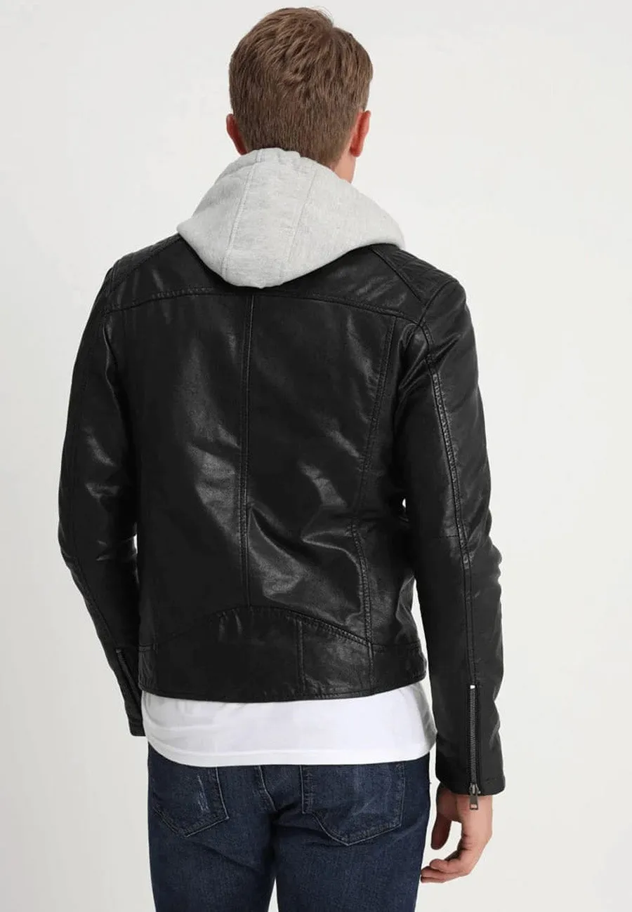 Men's Black Leather Biker Jacket with Removable Hood