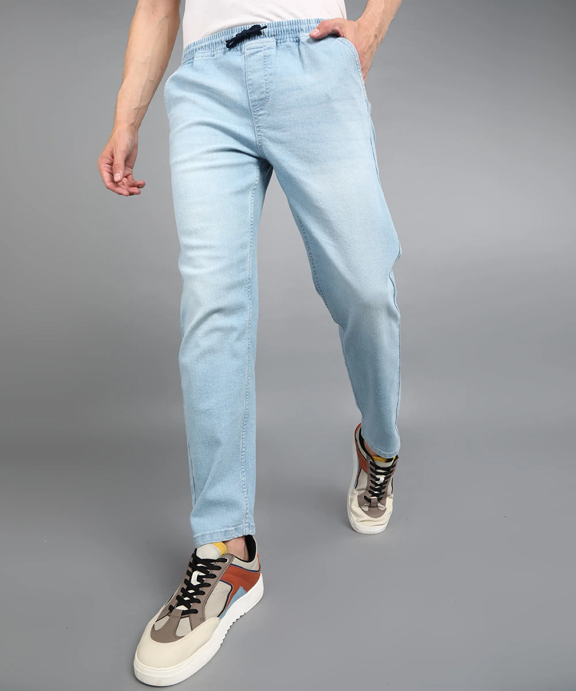 Men's Ice Blue Regular Fit Washed Jogger Jeans Stretchable