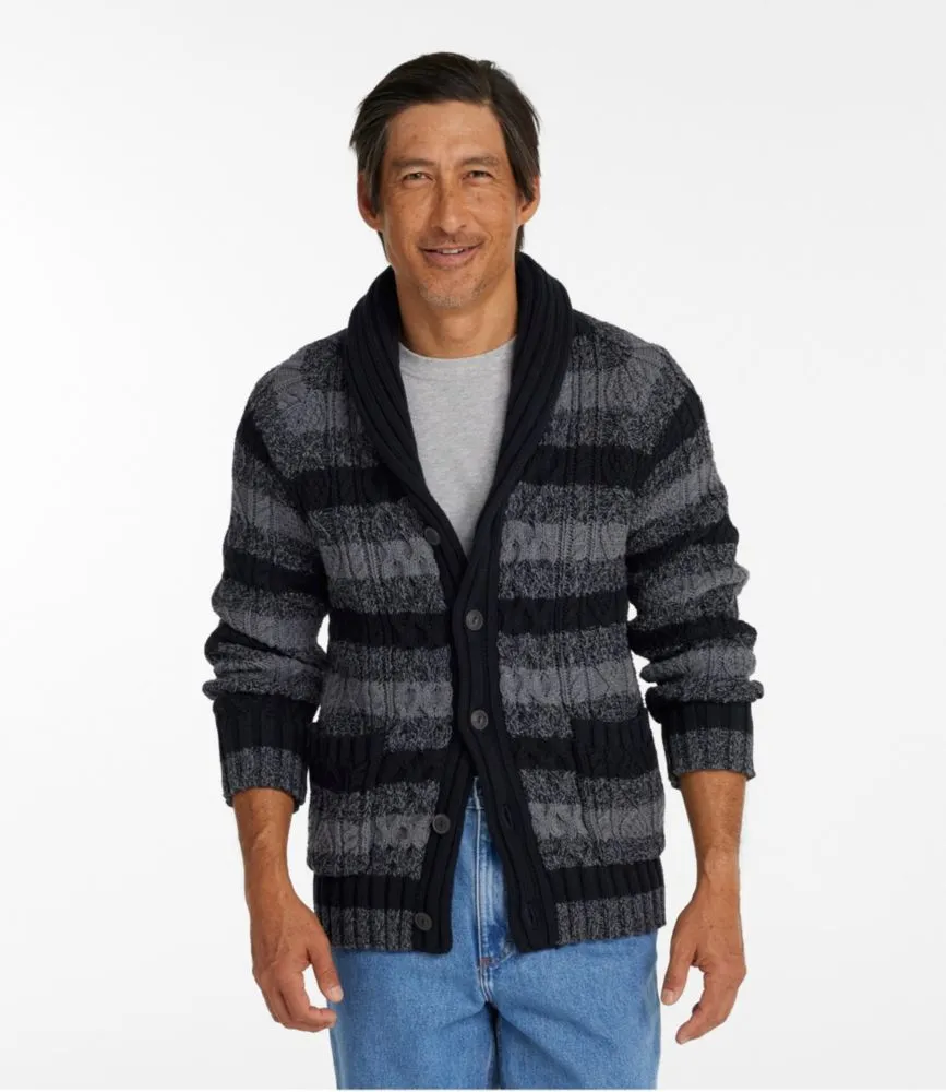 Men's Signature Cotton Fisherman Sweater, Shawl-Collar Cardigan, Stripe