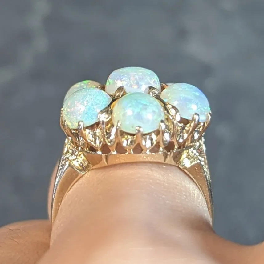 Mid-Century Opal Cabochon 14 Karat Yellow Gold Vintage Floral Cluster Ring