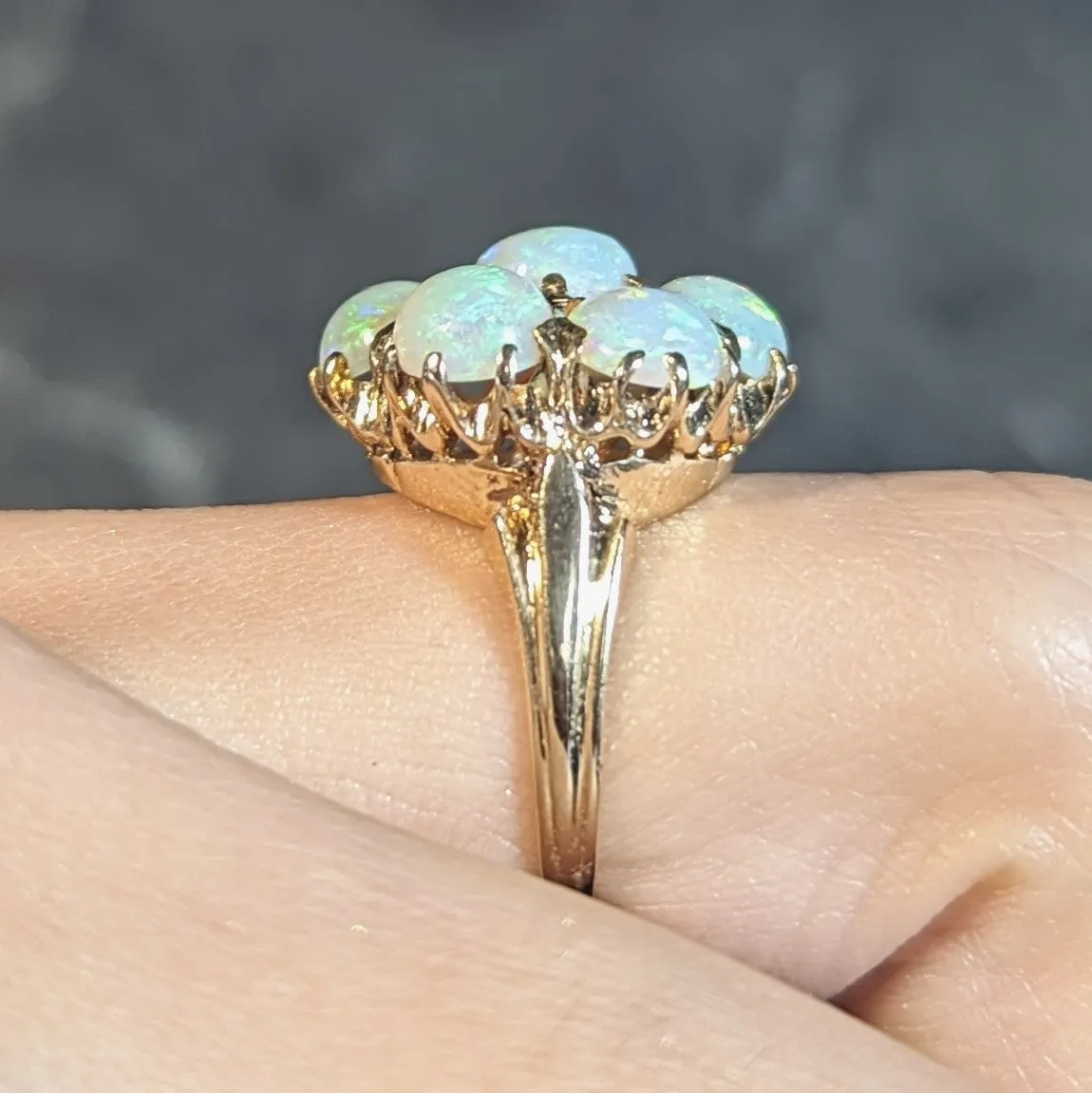 Mid-Century Opal Cabochon 14 Karat Yellow Gold Vintage Floral Cluster Ring