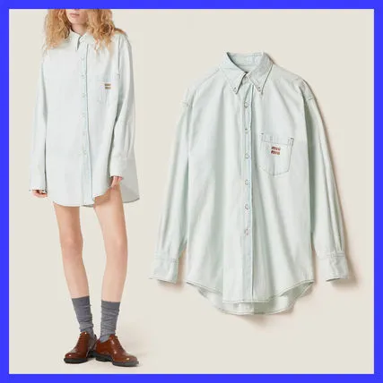 MiuMiu  |Denim Plain Cotton Short Sleeves Logo Shirts & Blouses