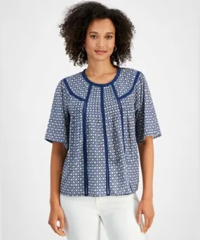 Nautica Jeans Women's Cotton Printed Crochet-Trim Top