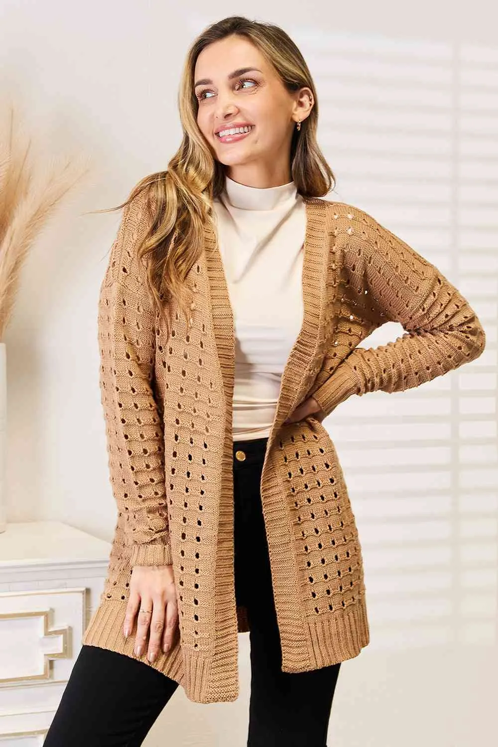 Openwork Horizontal Ribbing Open Front Cardigan in Caramel