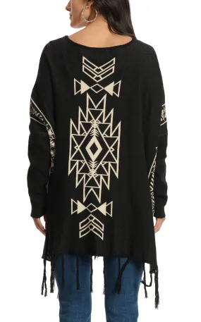 Panhandle Women's Black & White Aztec Print Tasseled Sweater