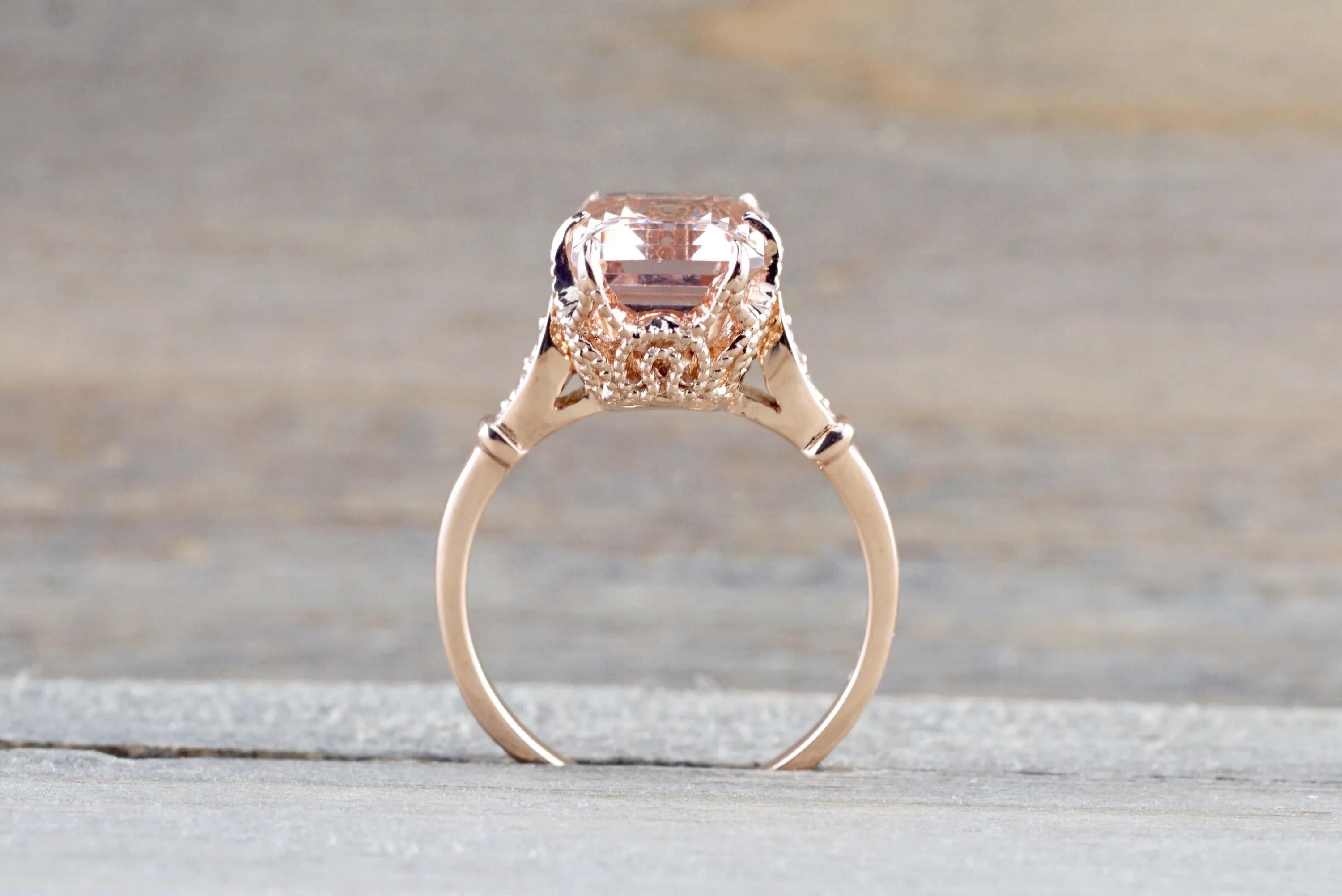 Payment Plan Emerald Cut Morganite Diamond Vintage Engagement Ring 10x8