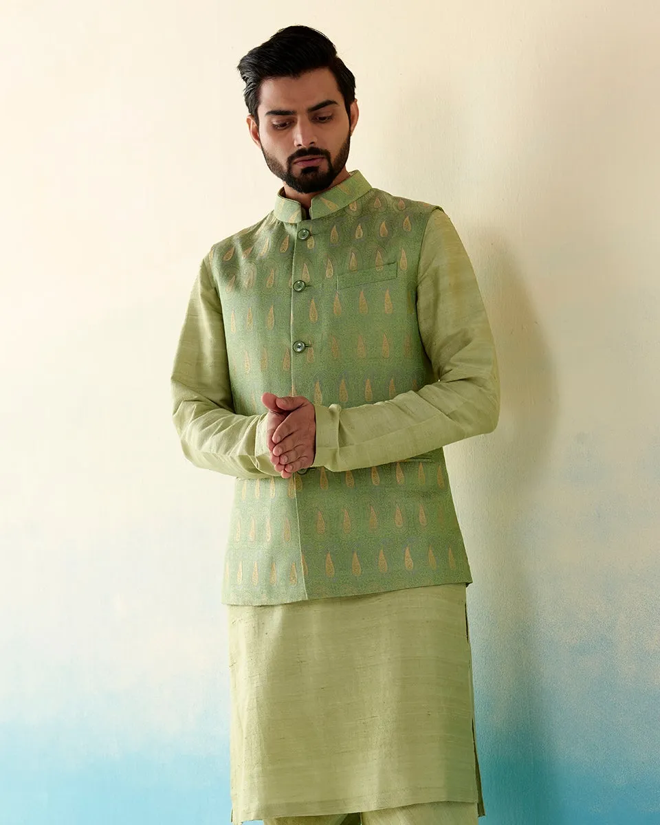 Pista Green Handloom Pure Katan Silk Banarasi Nehru Jacket with Zari Tanchoi Booti