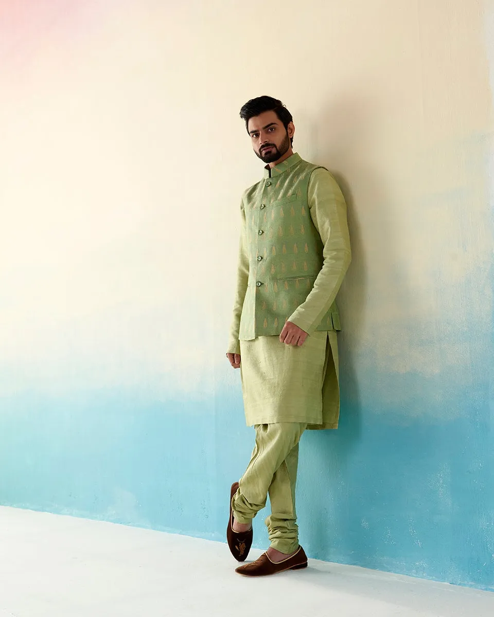 Pista Green Handloom Pure Katan Silk Banarasi Nehru Jacket with Zari Tanchoi Booti