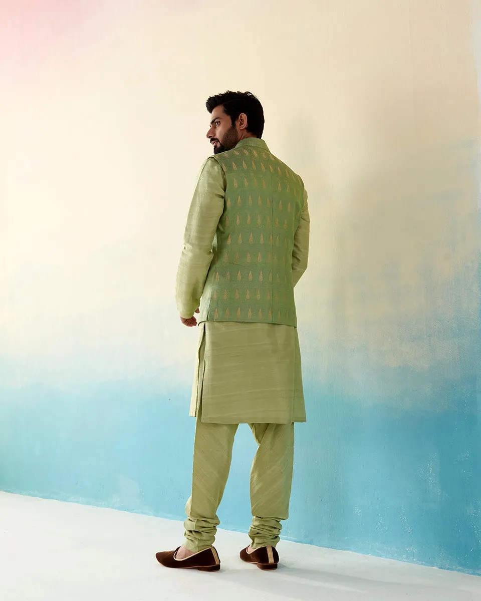 Pista Green Handloom Pure Katan Silk Banarasi Nehru Jacket with Zari Tanchoi Booti