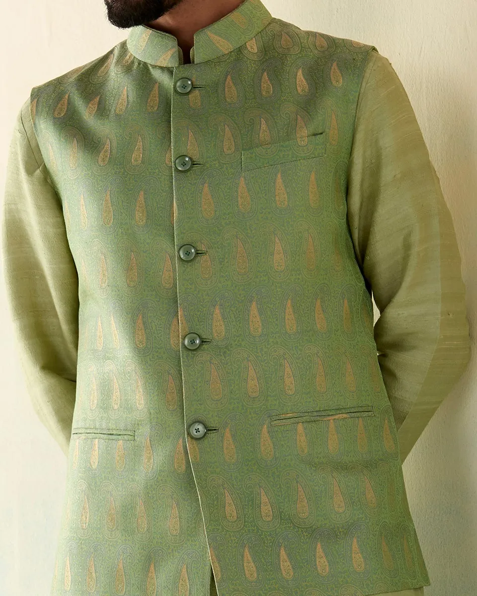 Pista Green Handloom Pure Katan Silk Banarasi Nehru Jacket with Zari Tanchoi Booti