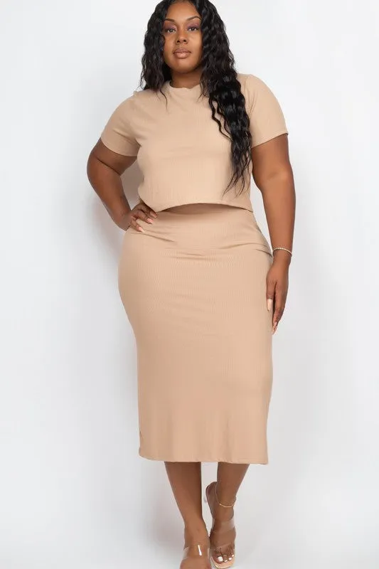 Plus size Ribbed Solid Top & Midi Skirt Set