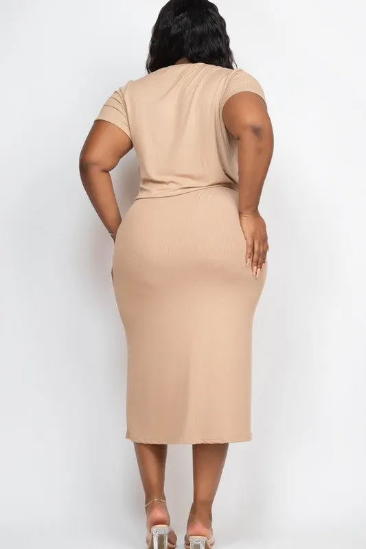 Plus size Ribbed Solid Top & Midi Skirt Set