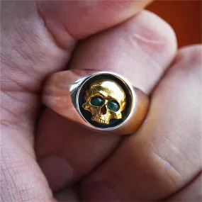 Resizable Vintage Green Zircon Skull Ring