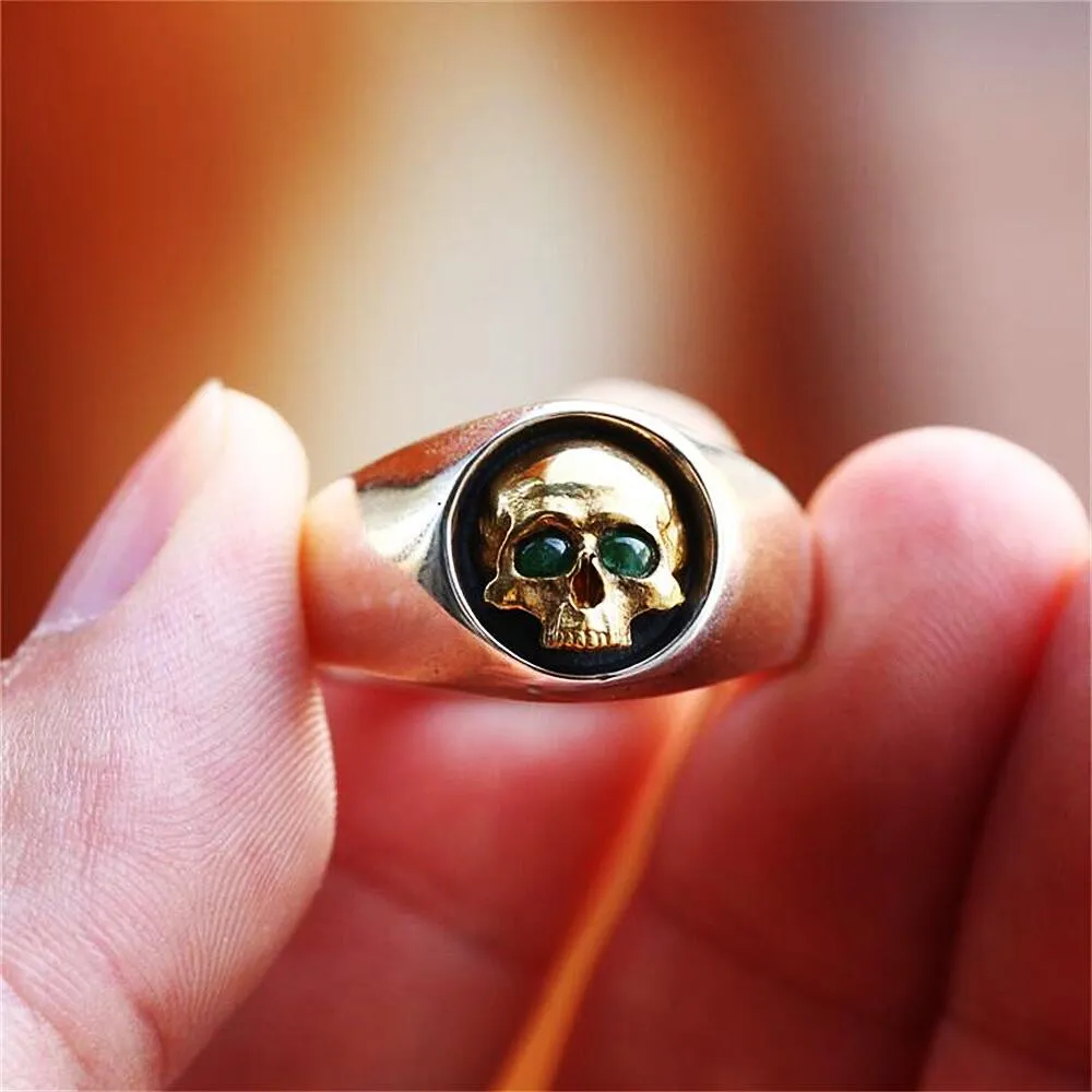 Resizable Vintage Green Zircon Skull Ring