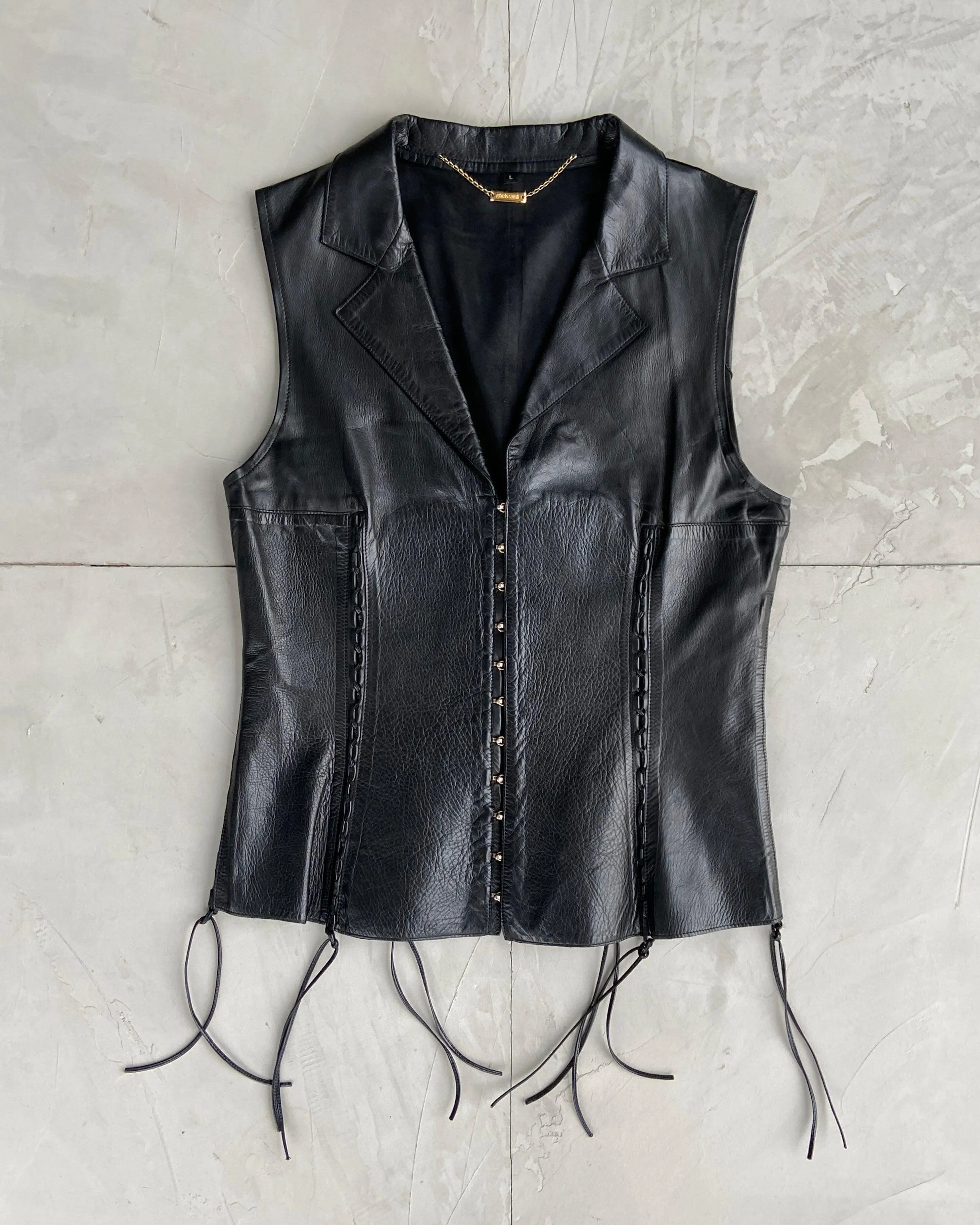 ROBERTO CAVALLI 2000'S LEATHER LACE UP WAIST COAT - L