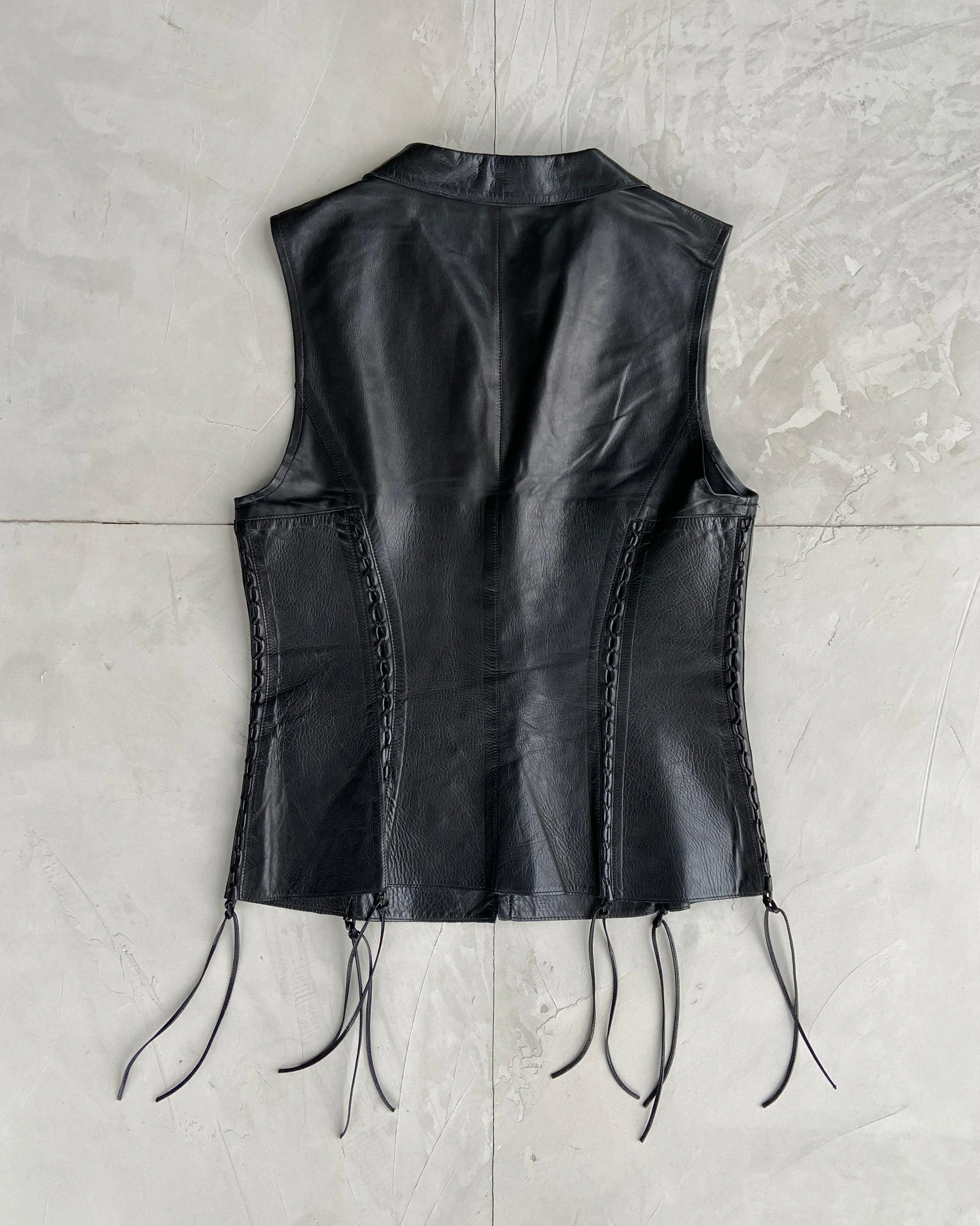 ROBERTO CAVALLI 2000'S LEATHER LACE UP WAIST COAT - L