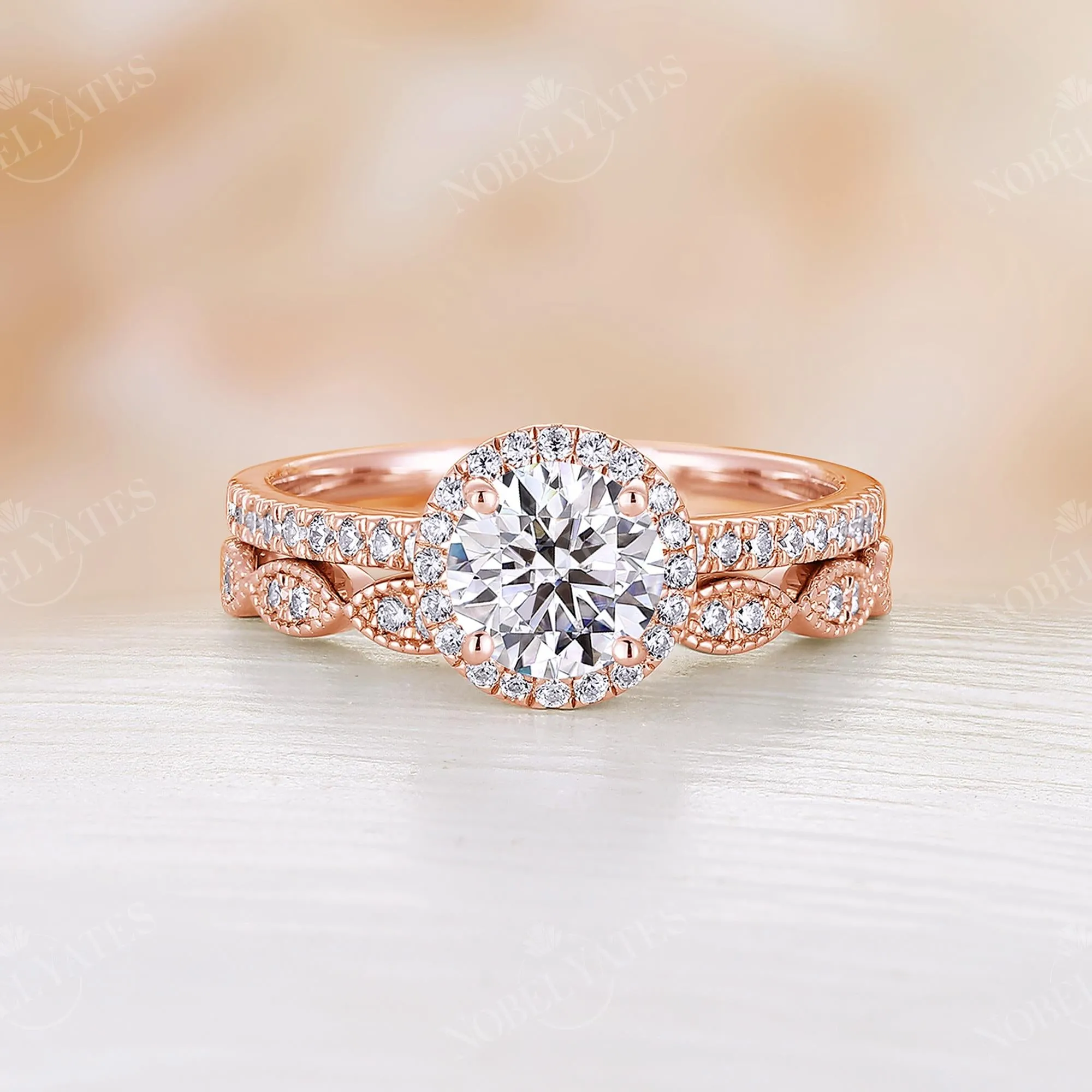 Round Moissanite Vintage Milgrain Rose Gold Halo&Pave Bridal Set