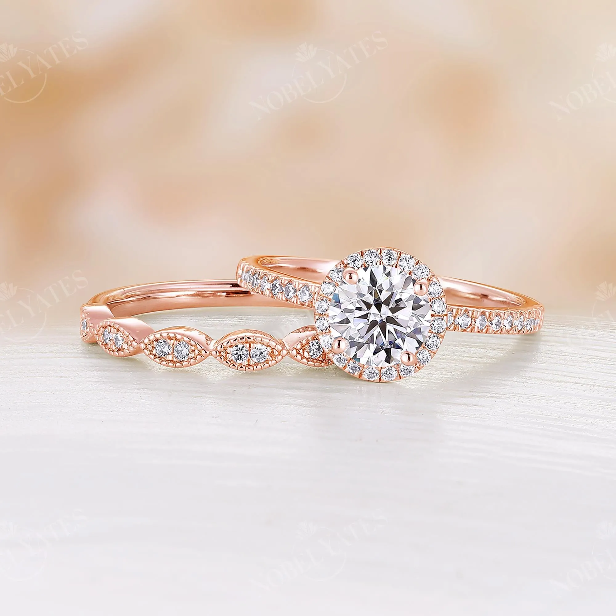 Round Moissanite Vintage Milgrain Rose Gold Halo&Pave Bridal Set