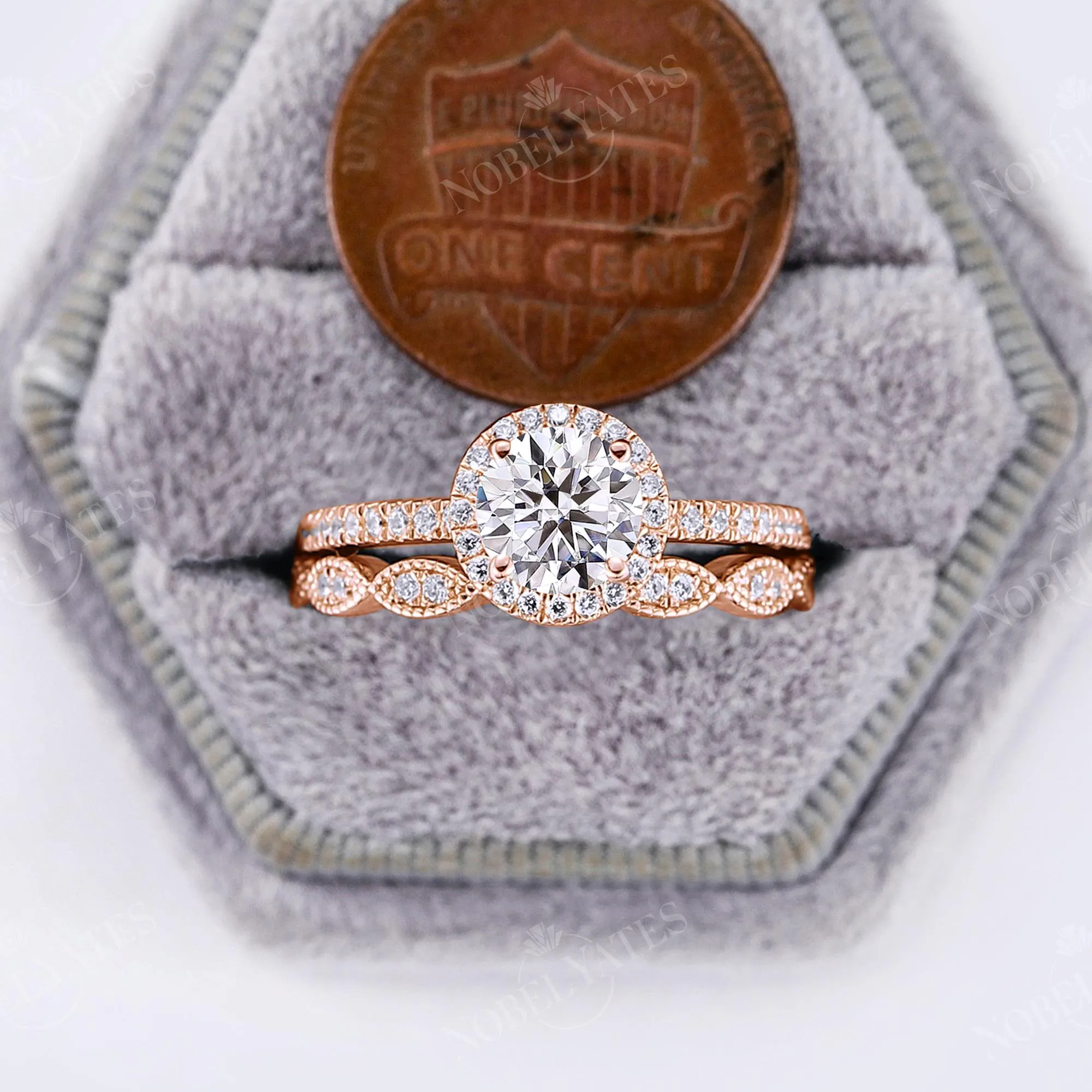 Round Moissanite Vintage Milgrain Rose Gold Halo&Pave Bridal Set