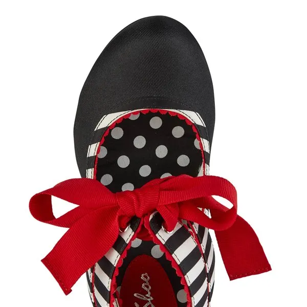 Ruby Shoo Black and White Stripe Red Ribbon Tie Court Shoes