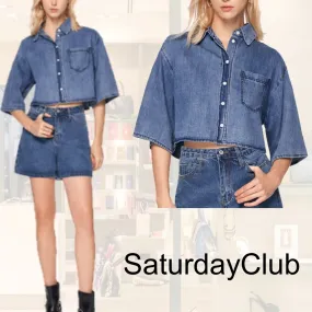 SaturdayClub  |Casual Style Denim Blended Fabrics Plain Short Sleeves