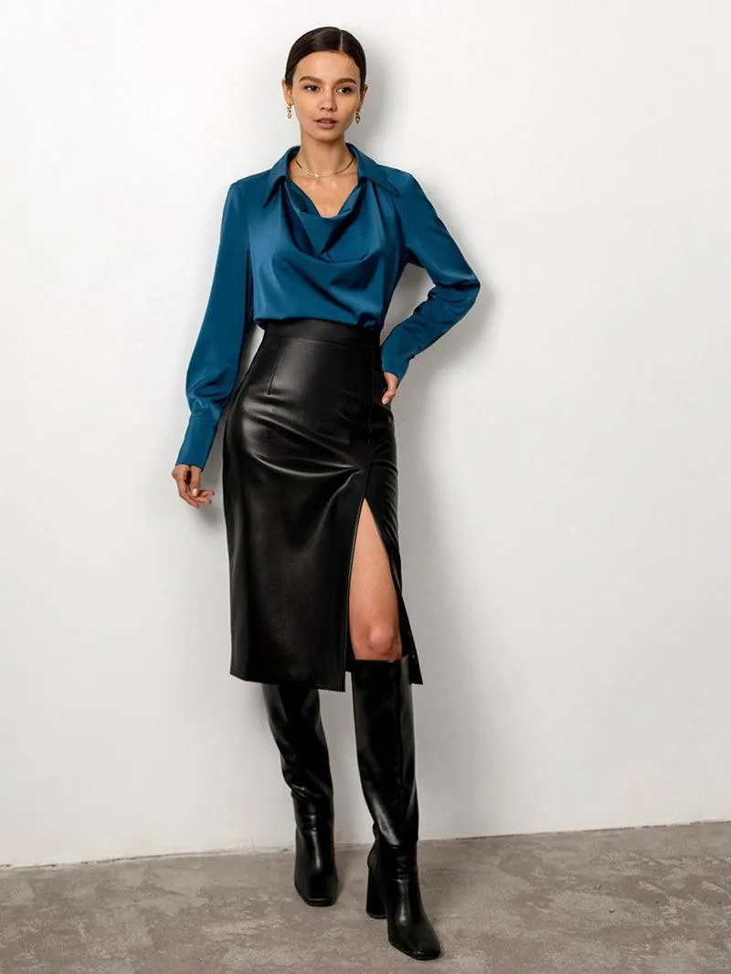 Sexy Midi Leather Skirt Solid High Waist