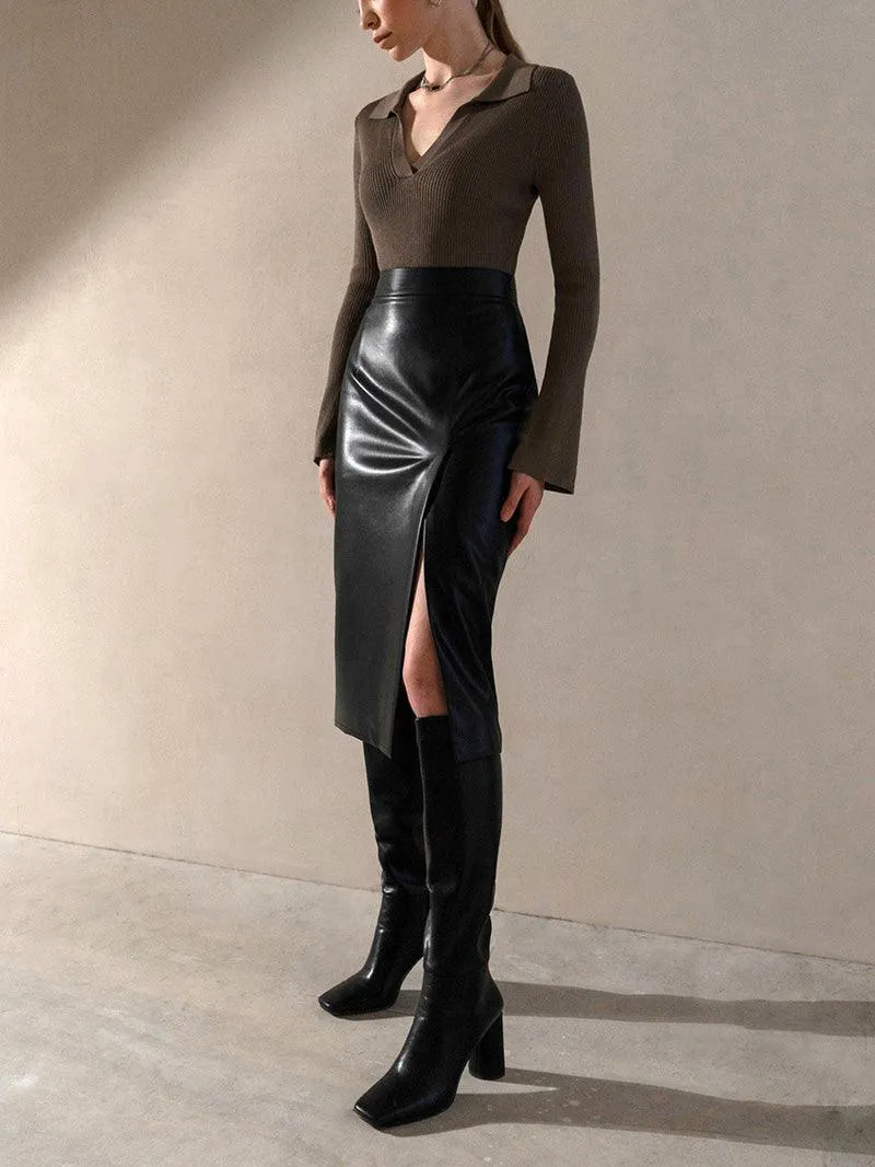 Sexy Midi Leather Skirt Solid High Waist