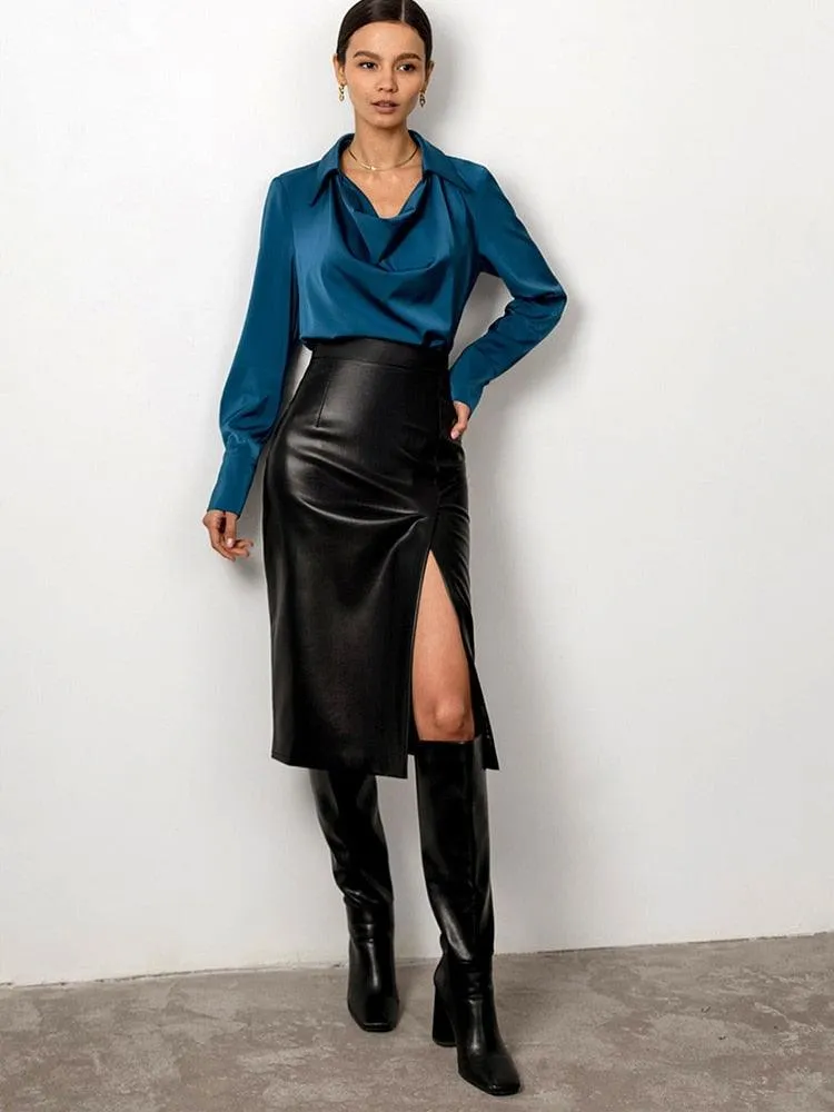 Sexy Midi Leather Skirt Solid High Waist