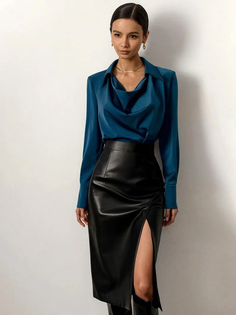 Sexy Midi Leather Skirt Solid High Waist