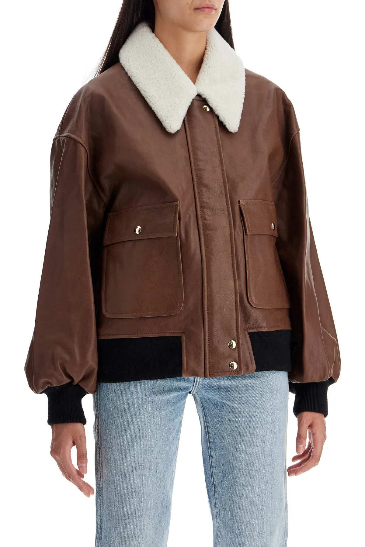 'shellar' leather bomber jacket with she 6075729 L729 CLASSIC BROWN