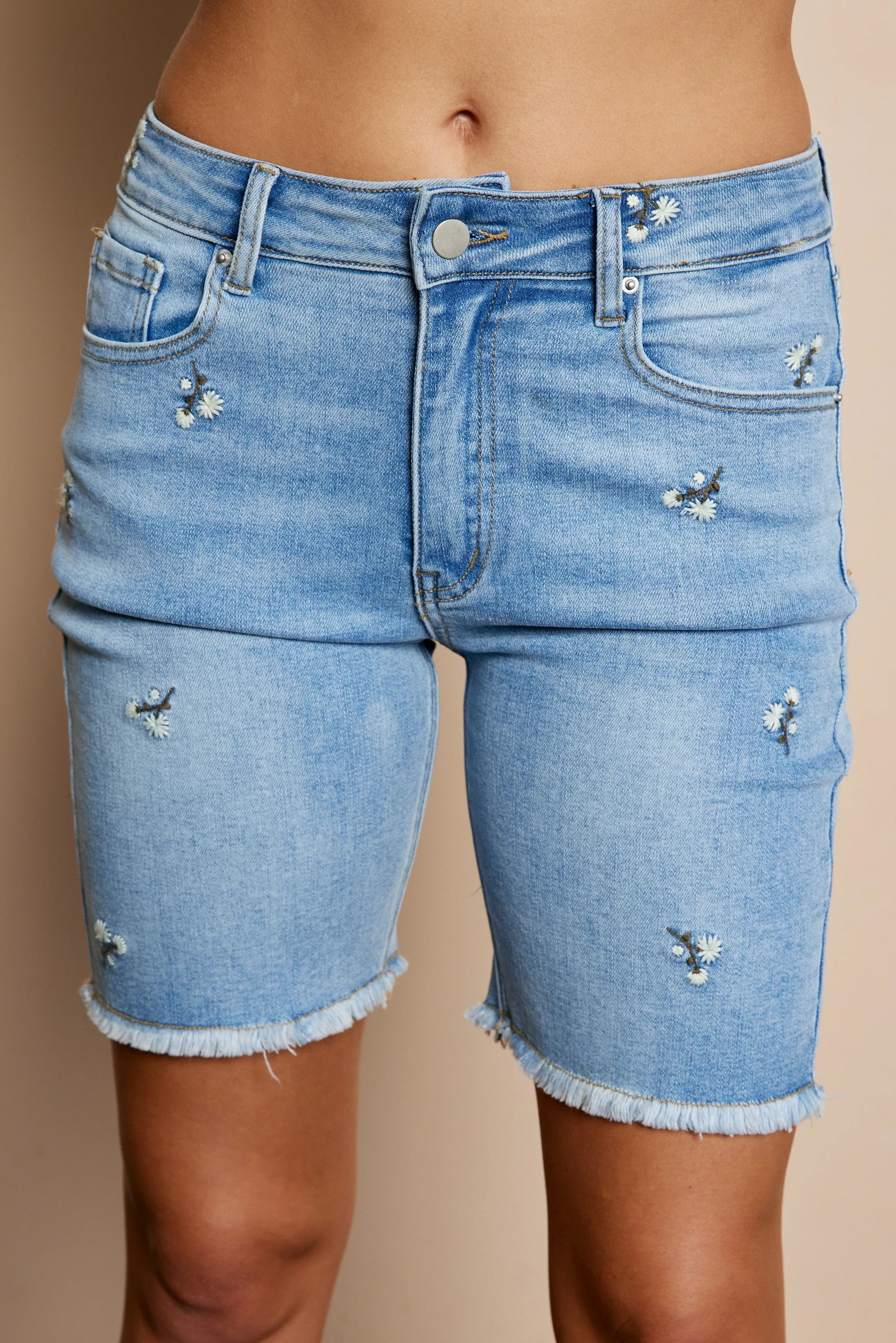 The Senora Embroidered Denim Shorts