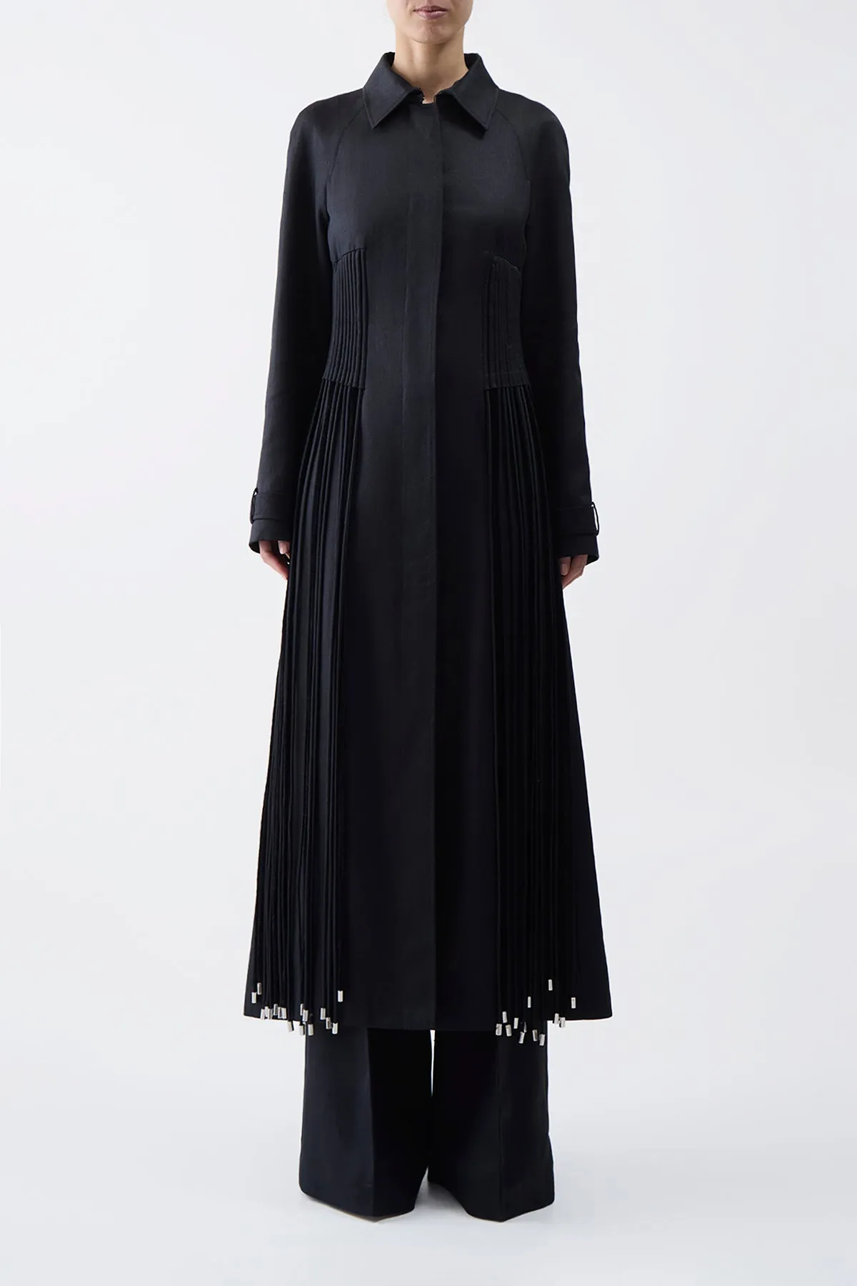 Torres Fringe Coat in Black Textured Linen