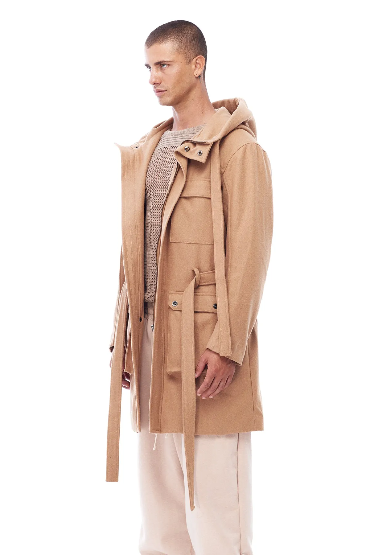 TRENCH COAT WITH HOOD IN CAMEL