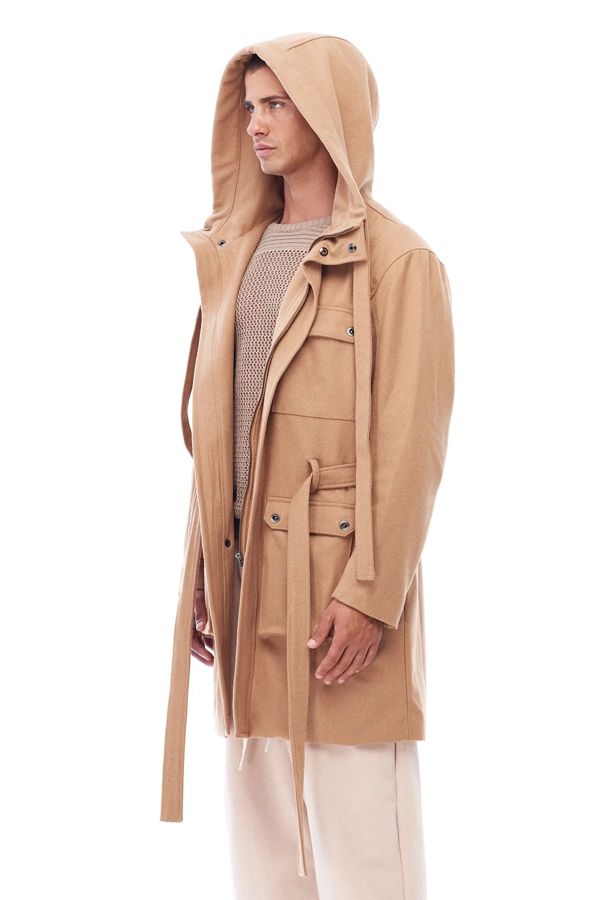 TRENCH COAT WITH HOOD IN CAMEL