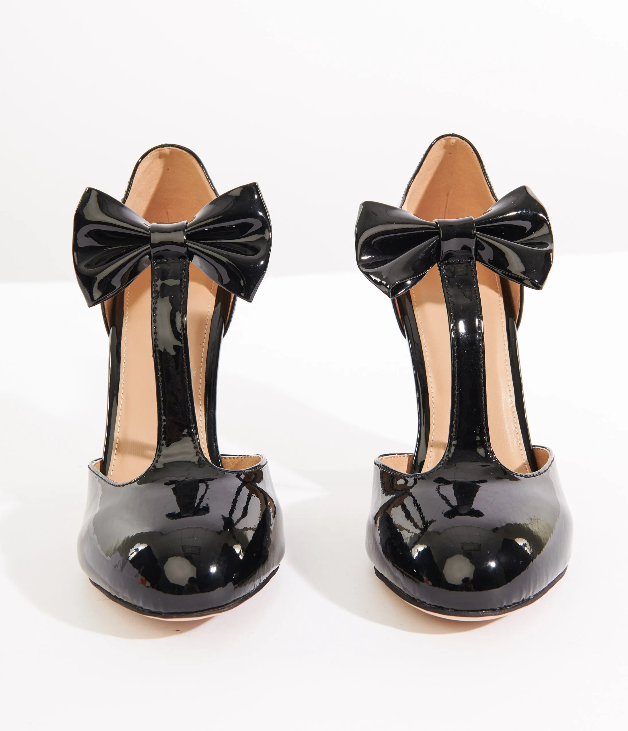 Unique Vintage 1920s Black Patent Leatherette Bow T-Strap Heels