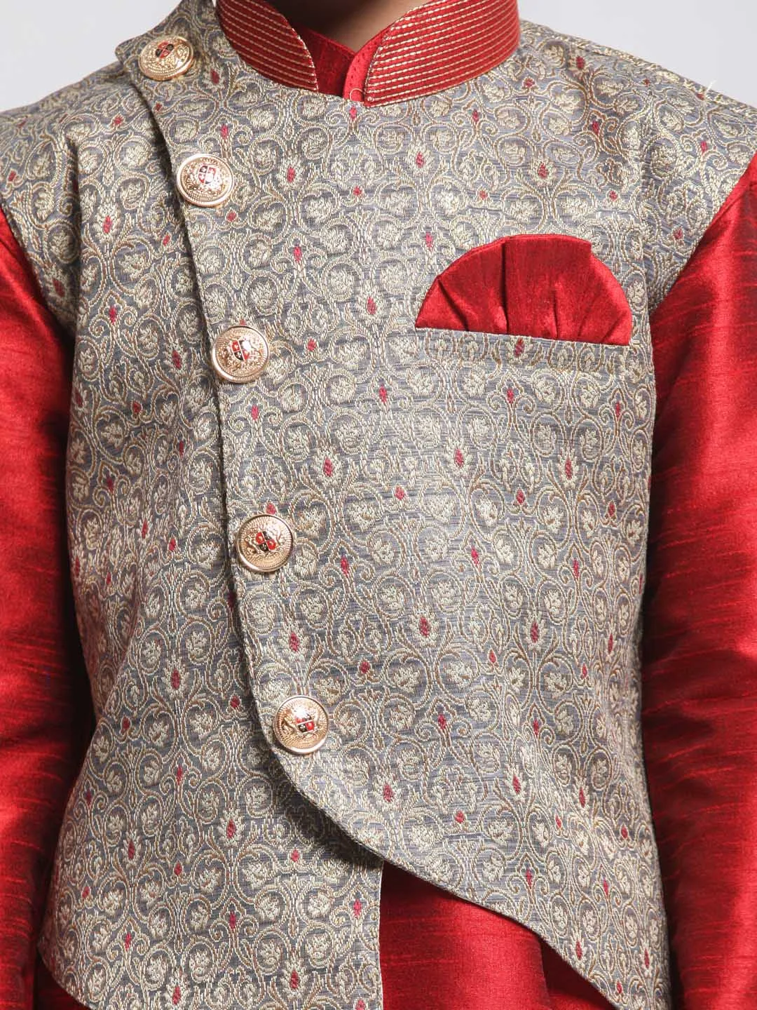 Vastramay Boys' Grey Cotton Silk Blend Nehru Jacket