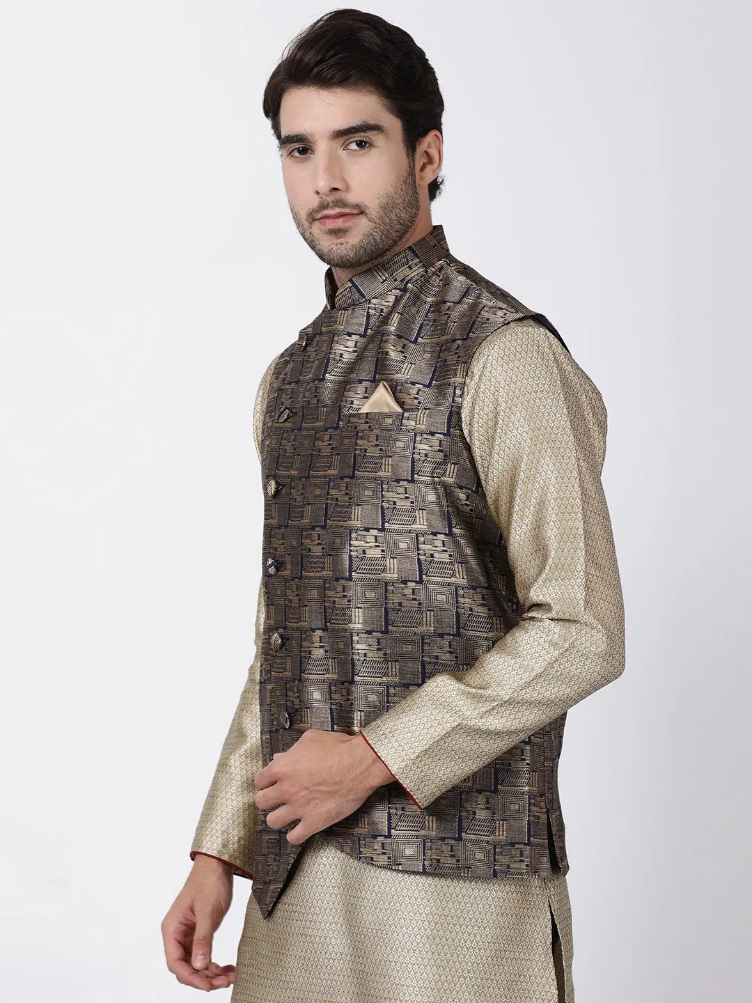 VASTRAMAY Men's Blue Cotton Silk Blend Ethnic Jacket