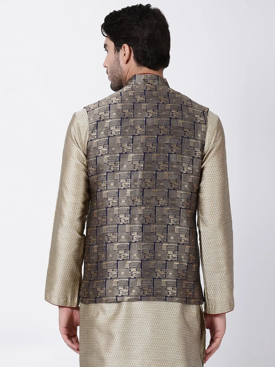 VASTRAMAY Men's Blue Cotton Silk Blend Ethnic Jacket