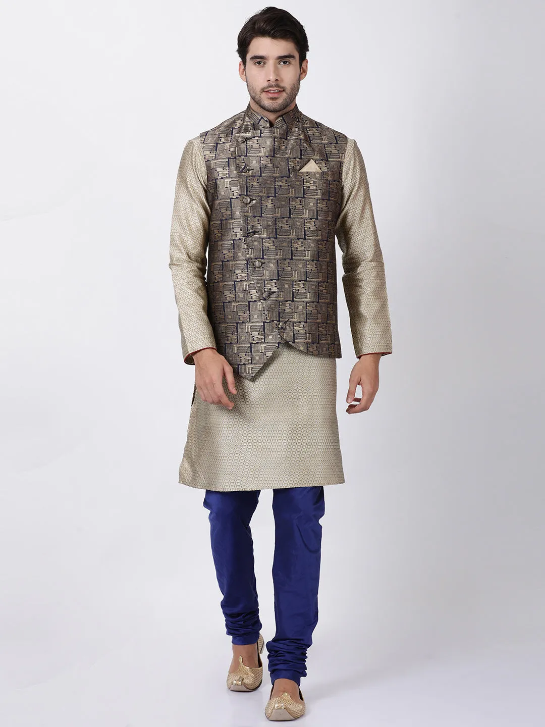 VASTRAMAY Men's Blue Cotton Silk Blend Ethnic Jacket