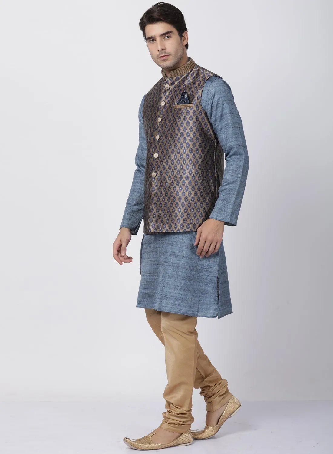 VASTRAMAY Men's Grey Cotton Silk Blend Kurta, Ethnic Jacket and Pyjama Set