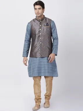 VASTRAMAY Men's Grey Cotton Silk Blend Kurta, Ethnic Jacket and Pyjama Set