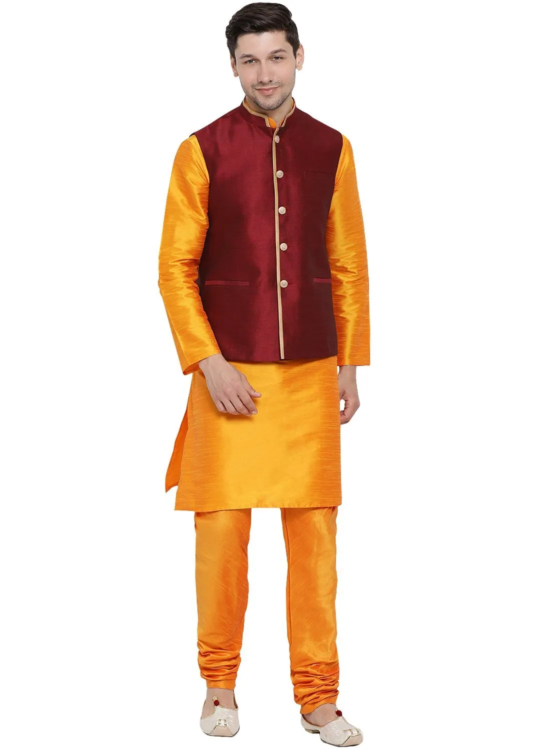 VASTRAMAY Men's Orange Cotton Silk Blend Kurta, Ethnic Jacket and Pyjama Set